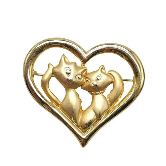 Danecraft Couple Cats Heart Brooch Pin Gold Tone Vintage - Picture 1 of 4